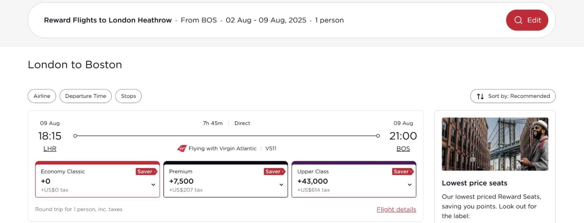Virgin Atlantic reward flight from London to Boston in August 2025 with Economy, Premium, and Upper Class Saver fares.