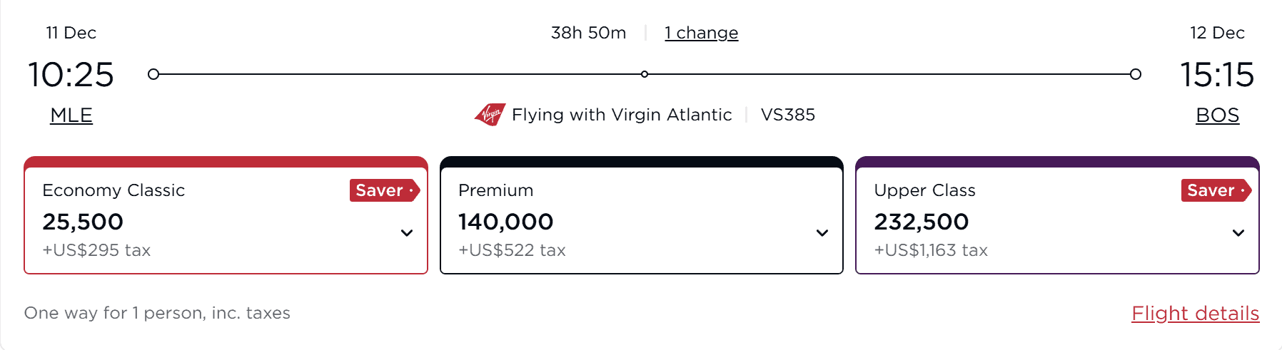 Virgin Atlantic reward flight from Maldives to Boston in December 2025 showing Economy, Premium, and Upper Class award prices.