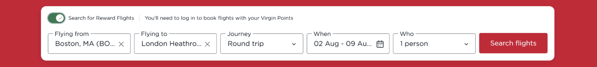 Virgin Atlantic reward flight showing Boston to London round-trip flight search with Virgin Points.