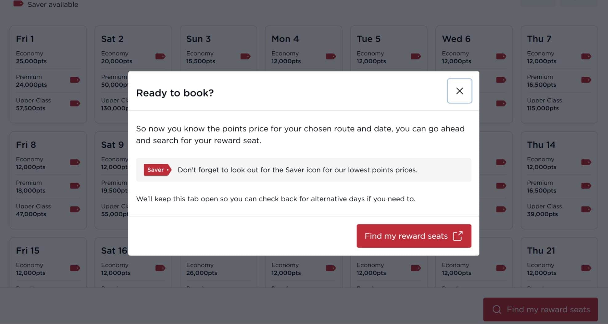 Virgin Atlantic booking reminding users to look for Saver icons when searching for reward seats.