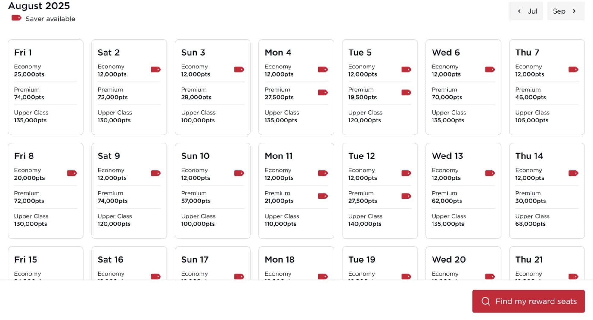 Virgin Atlantic reward seat calendar for August 2025 showing Saver fares across Economy, Premium, and Upper Class cabins.