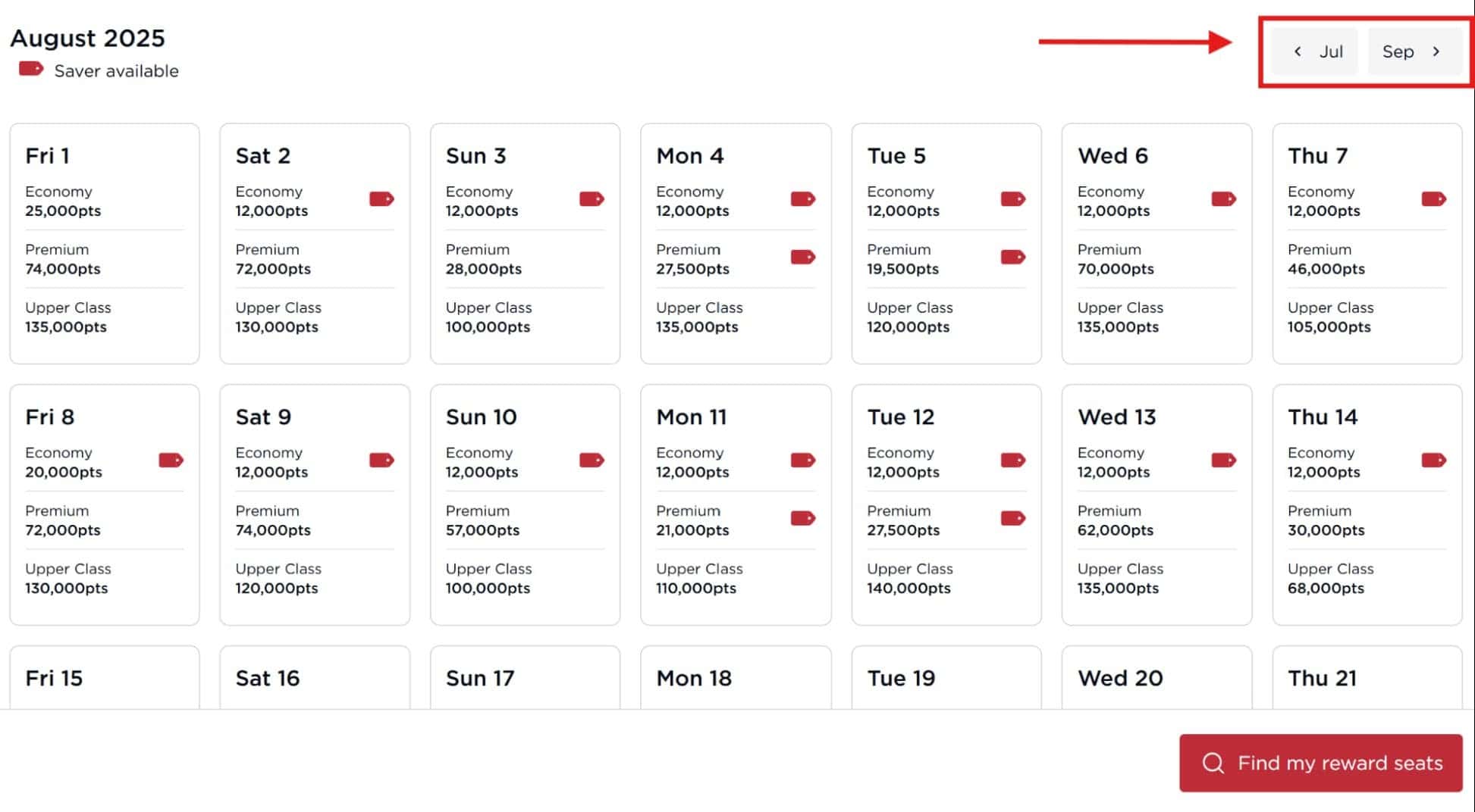 Virgin Atlantic reward seat calendar for August 2025
