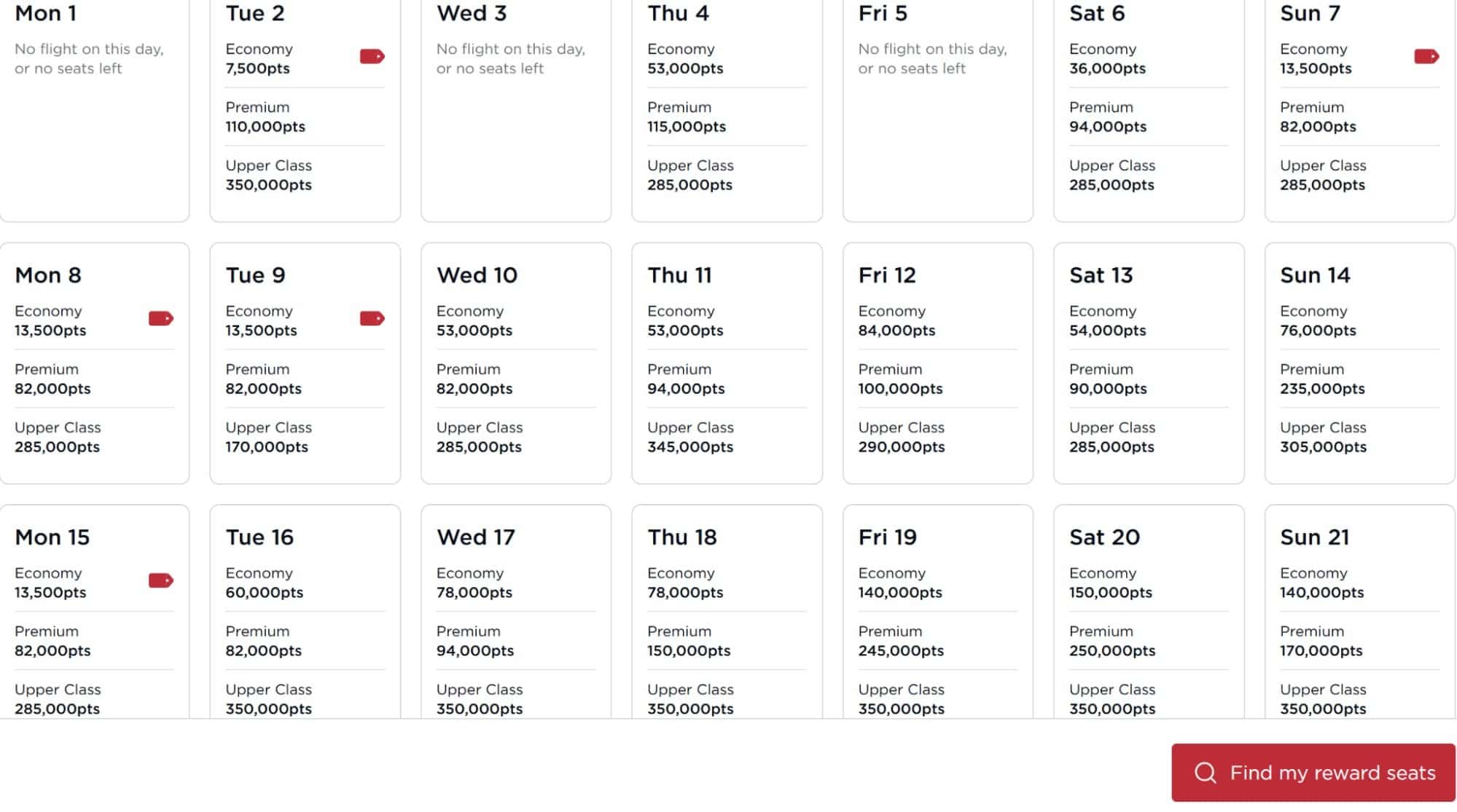 Virgin Atlantic reward seat calendar for June 2026 showing Economy, Premium, and Upper Class redemption prices.