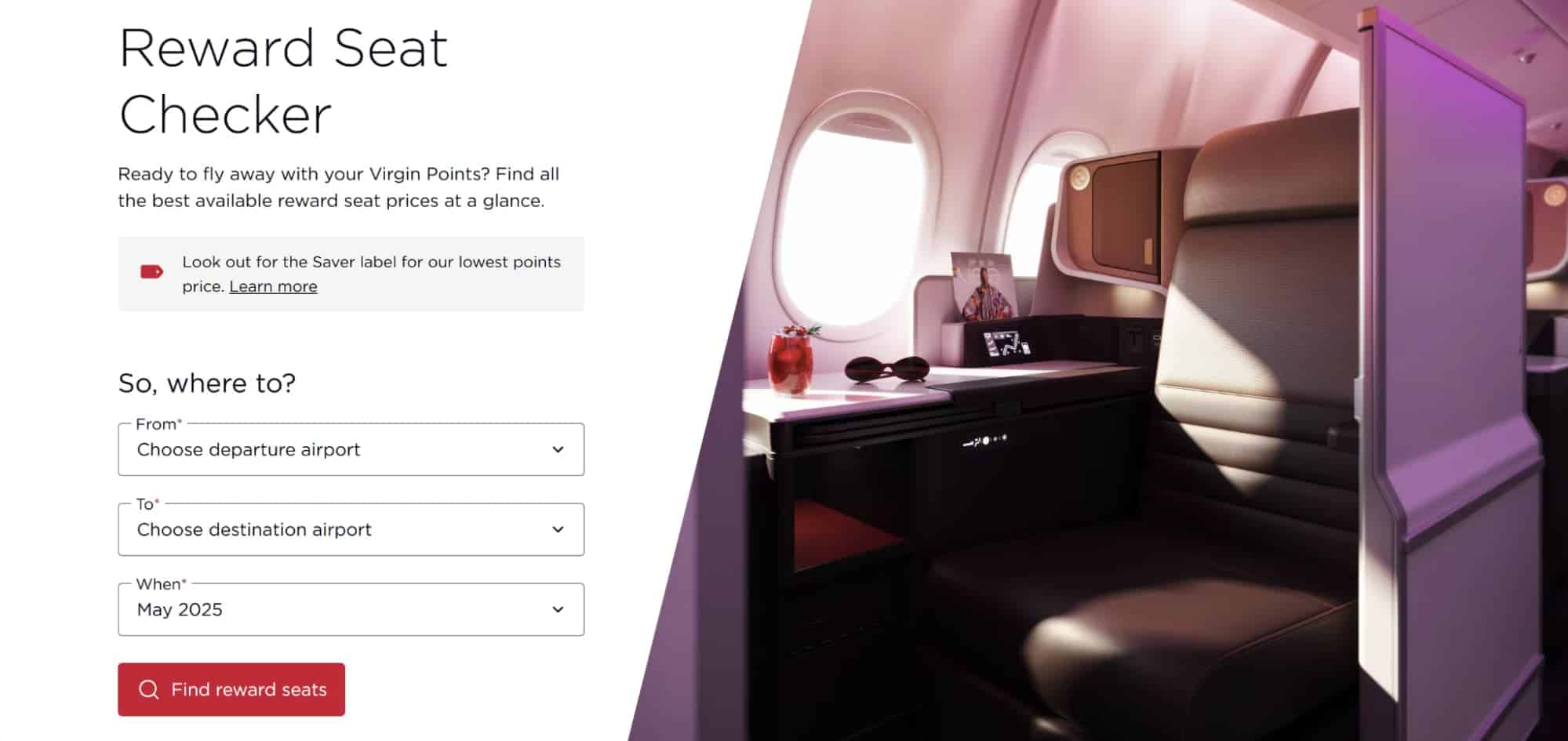 Virgin Atlantic reward seat checker interface featuring Upper Class seat with cabin view and search tool.