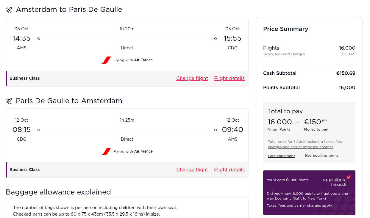 Virgin Atlantic Flying Club points redemption for Amsterdam to Paris round-trip in business class