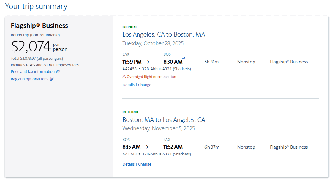 A flight booking summary shows a round-trip business class fare from Los Angeles to Boston for $2,074.