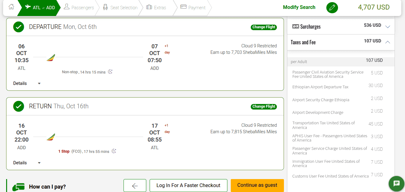 Flight booking summary showing a round trip from Atlanta (ATL) to Addis Ababa (ADD). Total price of 4,707 USD.