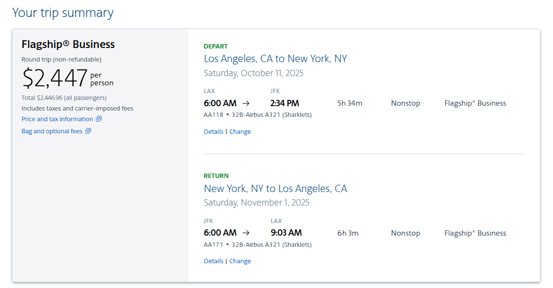 American Airlines Business class cash trip summary