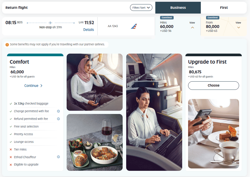 Flight booking page showing business and first class options.