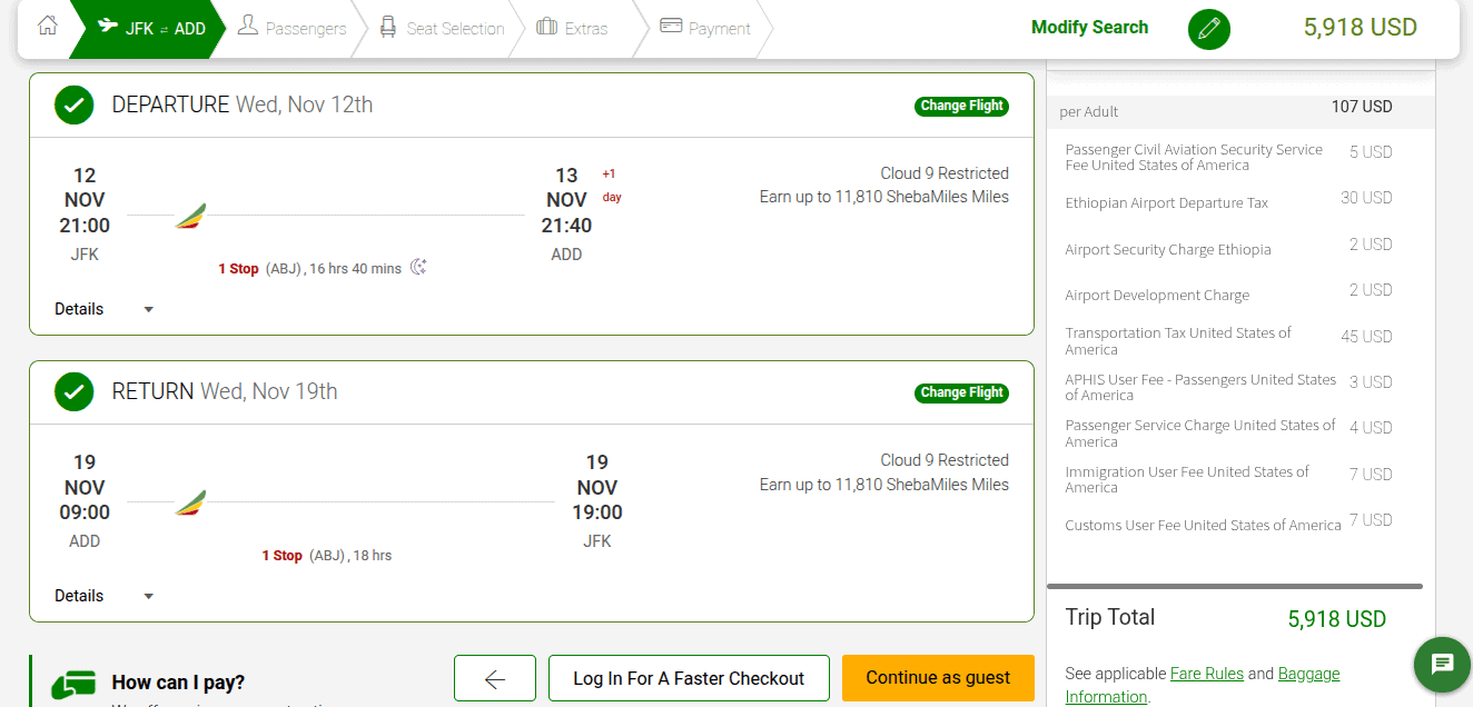 Booking Ethiopian Airlines Business Class with United Airlines Business Class