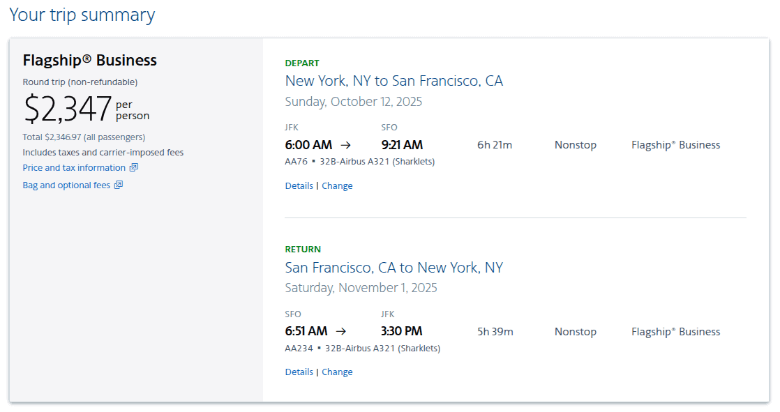 Trip summary screenshot showing a $2,347 Flagship Business round-trip from New York to San Francisco.