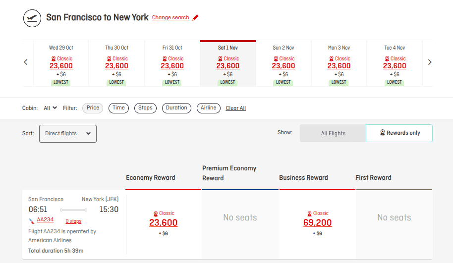 Flight award search results showing American Airlines flights from San Francisco to New York. Economy rewards are available for 23,600 miles