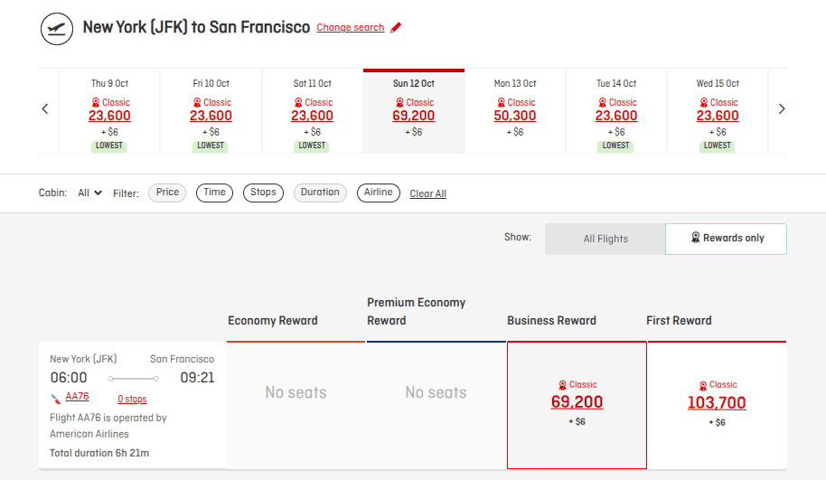 Flight from New York (JFK) to San Francisco Classic rewards starting at 23,600 points.