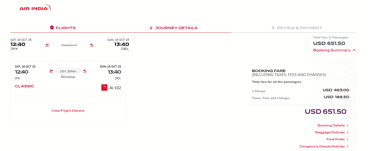 Air India flight booking one-way
