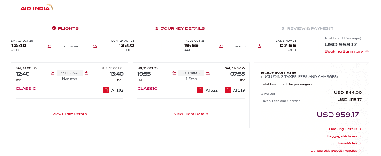 Air India roundtrip flight booking