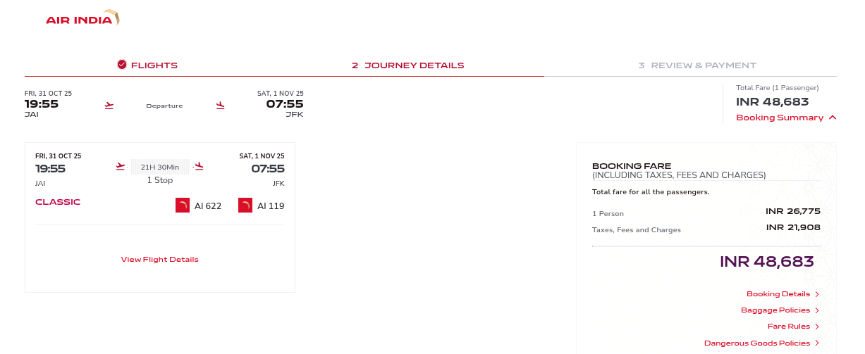 booking Air India from JAI to JFK