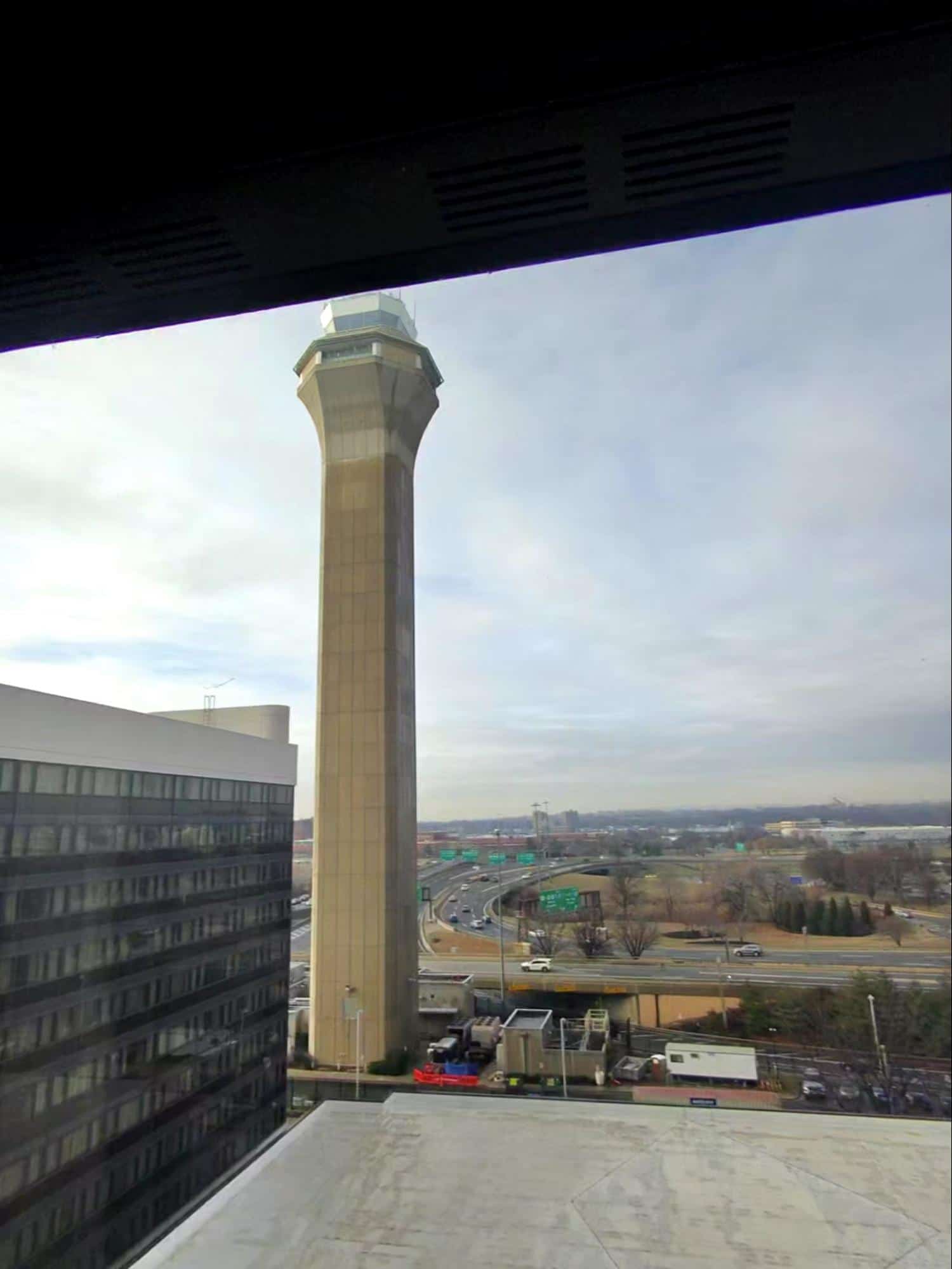View of the air traffic control tower at Washington Dulles International Airport