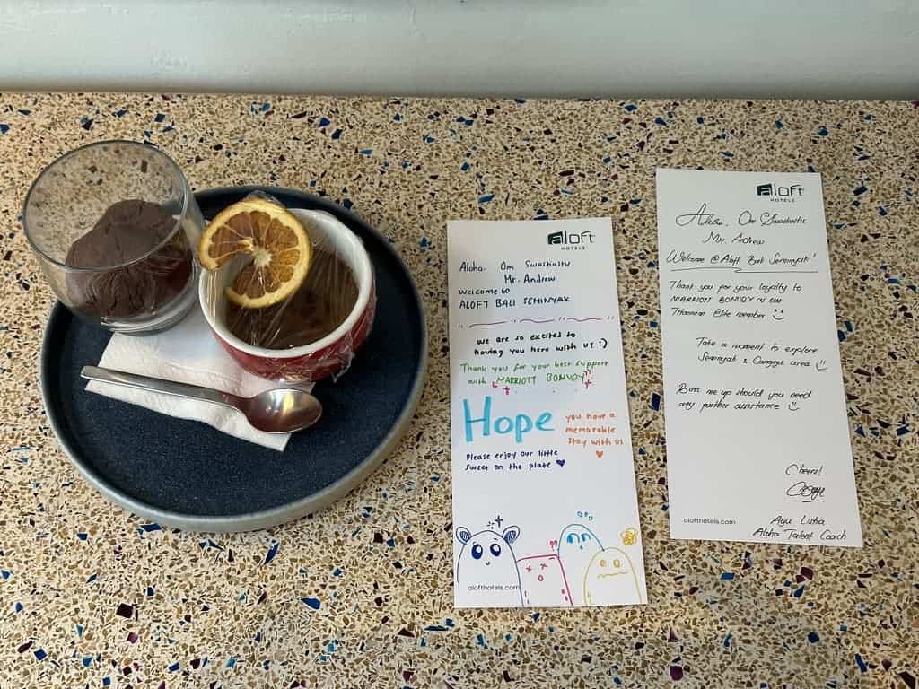 Welcome note and dessert plate for Marriott Bonvoy guest at Aloft Bali Seminyak