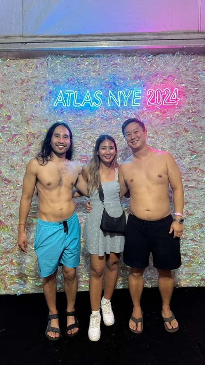Group photo at Atlas Beach Club New Year’s Eve 2024 celebration in Bali