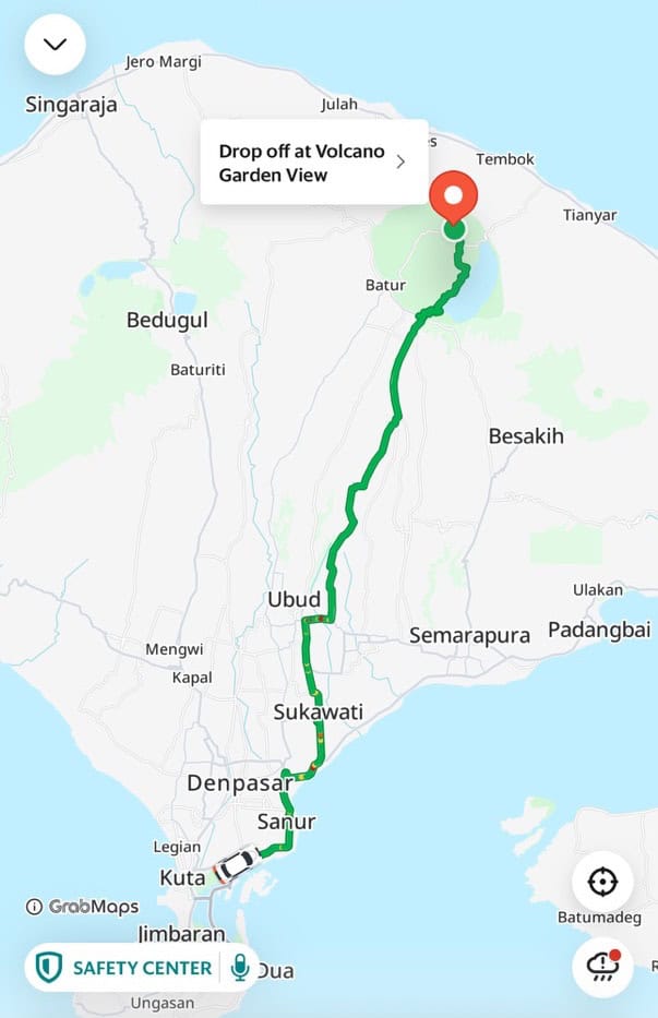 Map showing driving route from Kuta to Volcano Garden View near Mount Batur, Bali