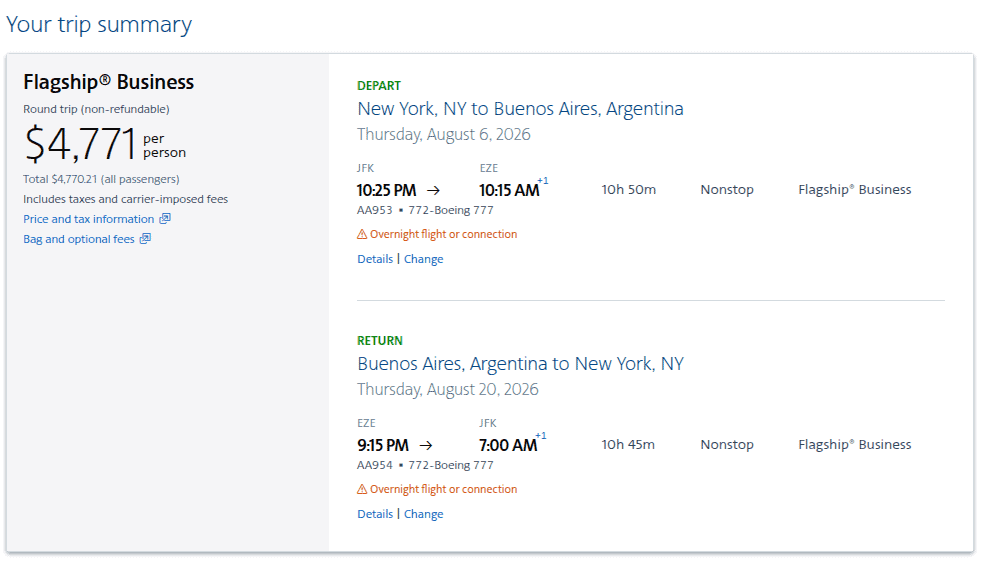 Booking American Airlines flight from New York to Buenos Aires, Argentina with cash.