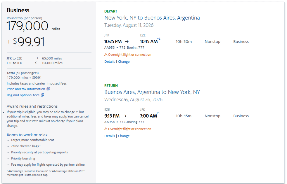 Booking American Airlines from New York to Buenos Aires using Aadvantage Miles.