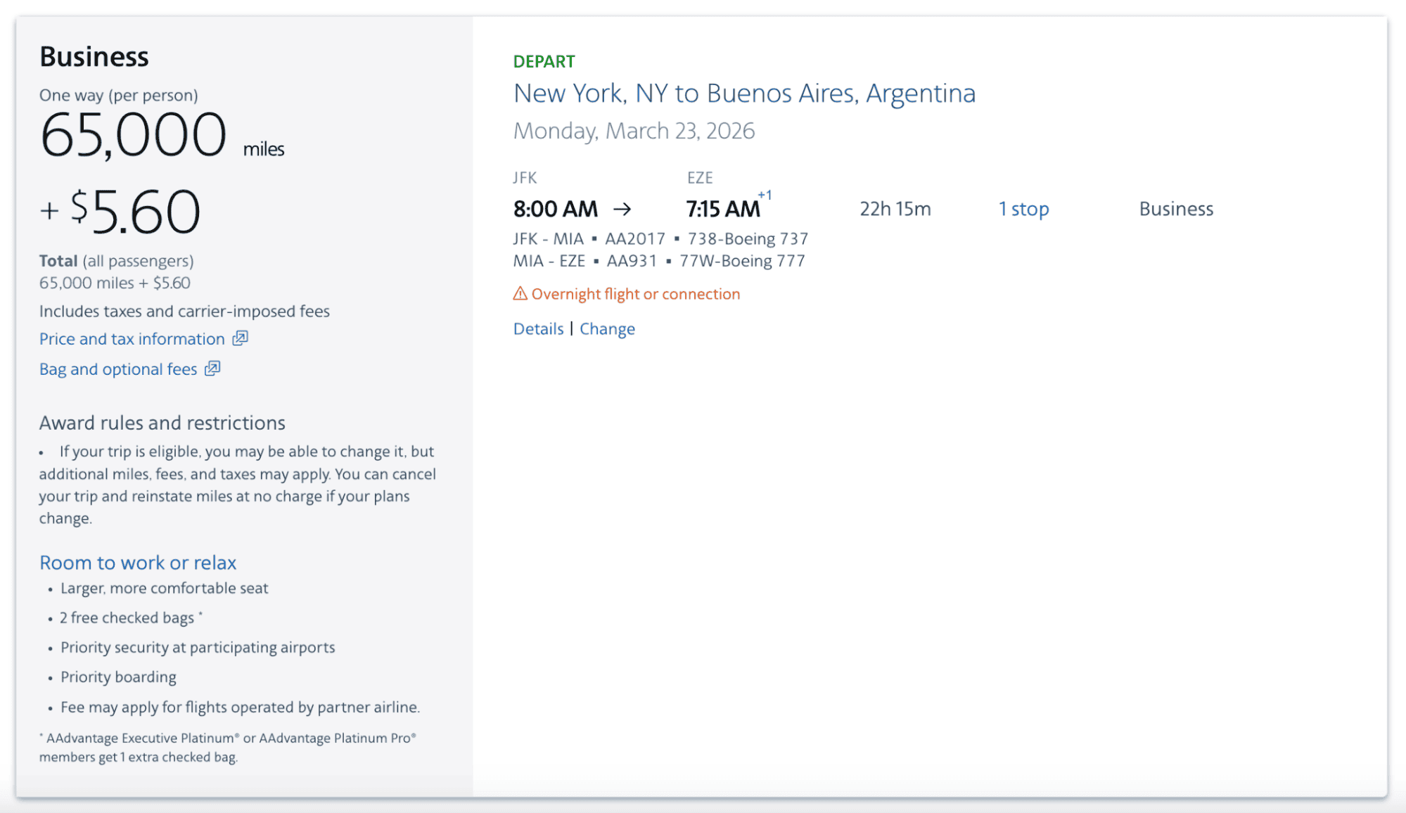 Booking business flight on American Airlines from New York to Buenos Aires, Argentina using Aadvantage Miles.