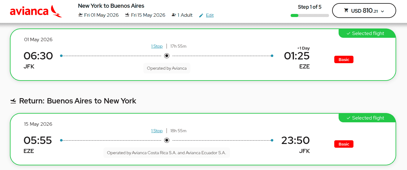 Booking Aviance from New York to Buenos Aires with cash