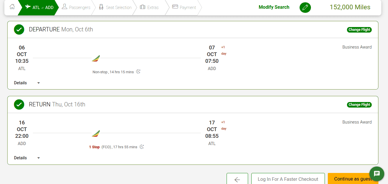 Booking business class ticket from ATL to ADD with Ethipian Airlines business class with ShebaMiles.