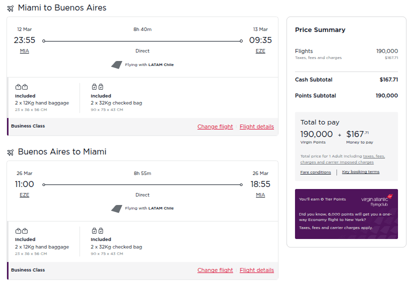 Booking flight with LATAM from Miami, Florida to Buenos Aires business class with Virgin points