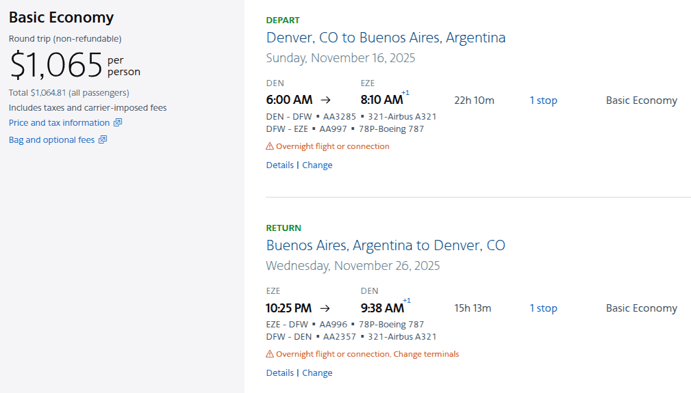 Booking American Airlines flight from Denver, Colorado to Buenos, Aires with cash.