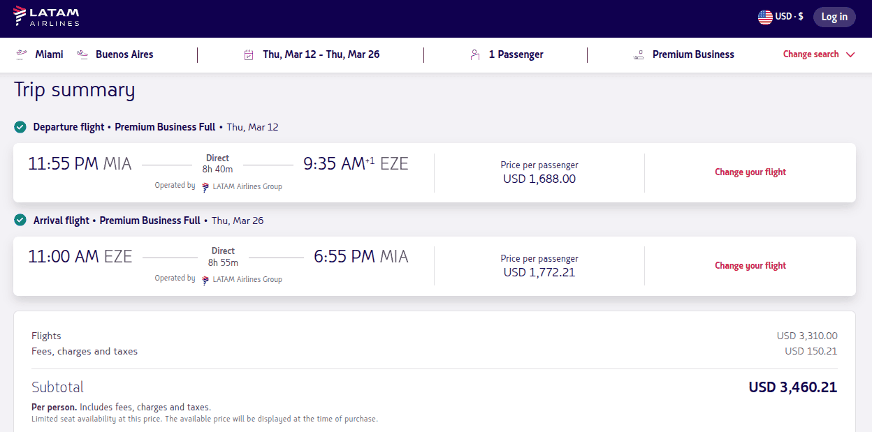 Booking business class with LATAM from Miami, Florida to Buenos Aires roundtrip paying with cash.