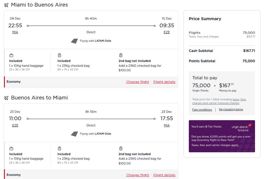 Booking flight with LATAM from Miami, Florida to Buenos Aires, Argentina using Virgin points.