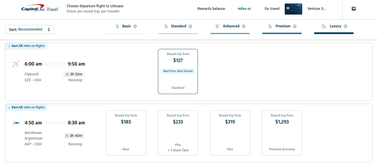 Booking flight with Aerolineas Argentinas from Buenos Aires to Ushuaia using Capital One miles.