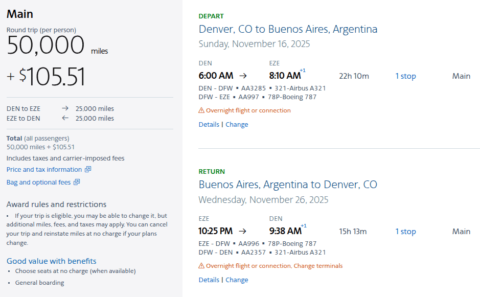 Booking flight from Denver, Colorado to Buenos Aires, Argentina using American Airlines AAdvantage