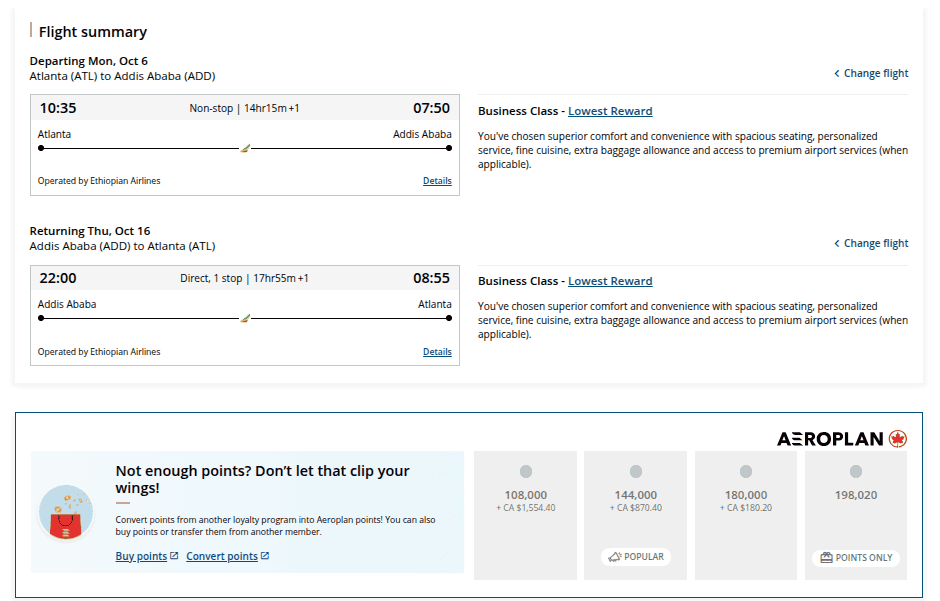 Booking flight with Whiopian Airlines Business class using Air Canada Aeroplan Miles