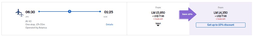 Flight booking from New York to Buenos Aires using Avianca Lifemiles