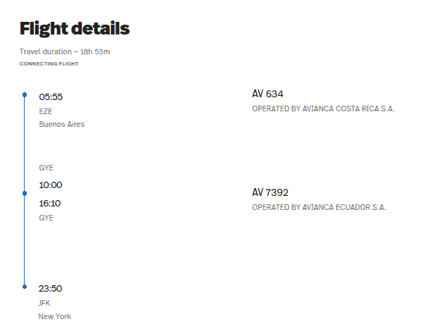 Flight details from New York to Buenos Aires