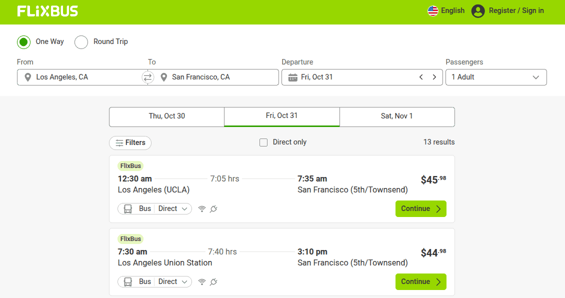 travel between Los Angeles and San Francisco by bus
