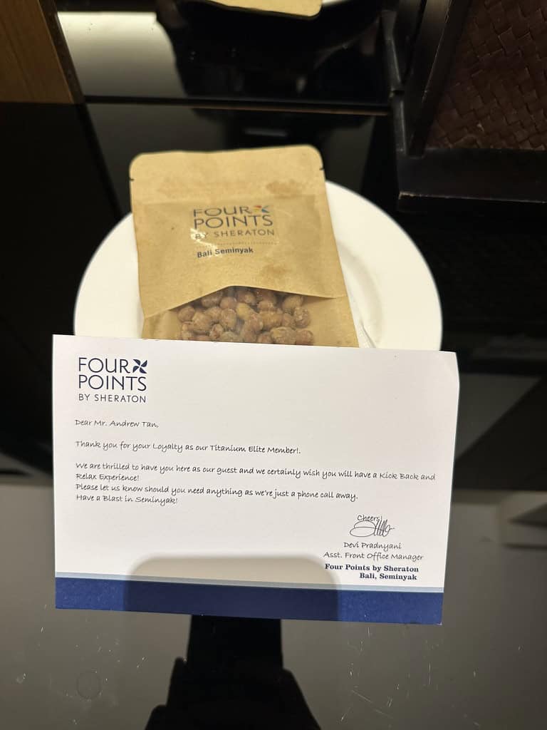 Welcome letter and snack gift for Titanium Elite member at Four Points by Sheraton Bali