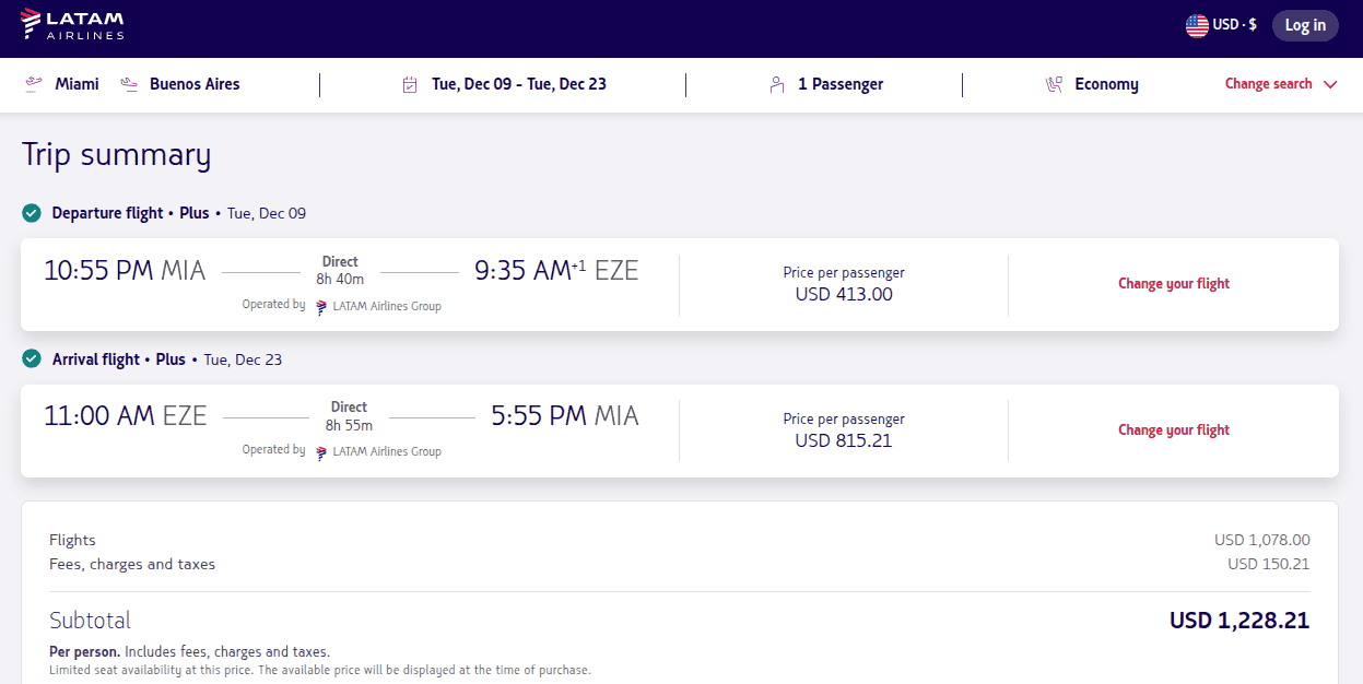 Booking flight with LATAM Airlines from Miami to Buenos Aires paying with cash.