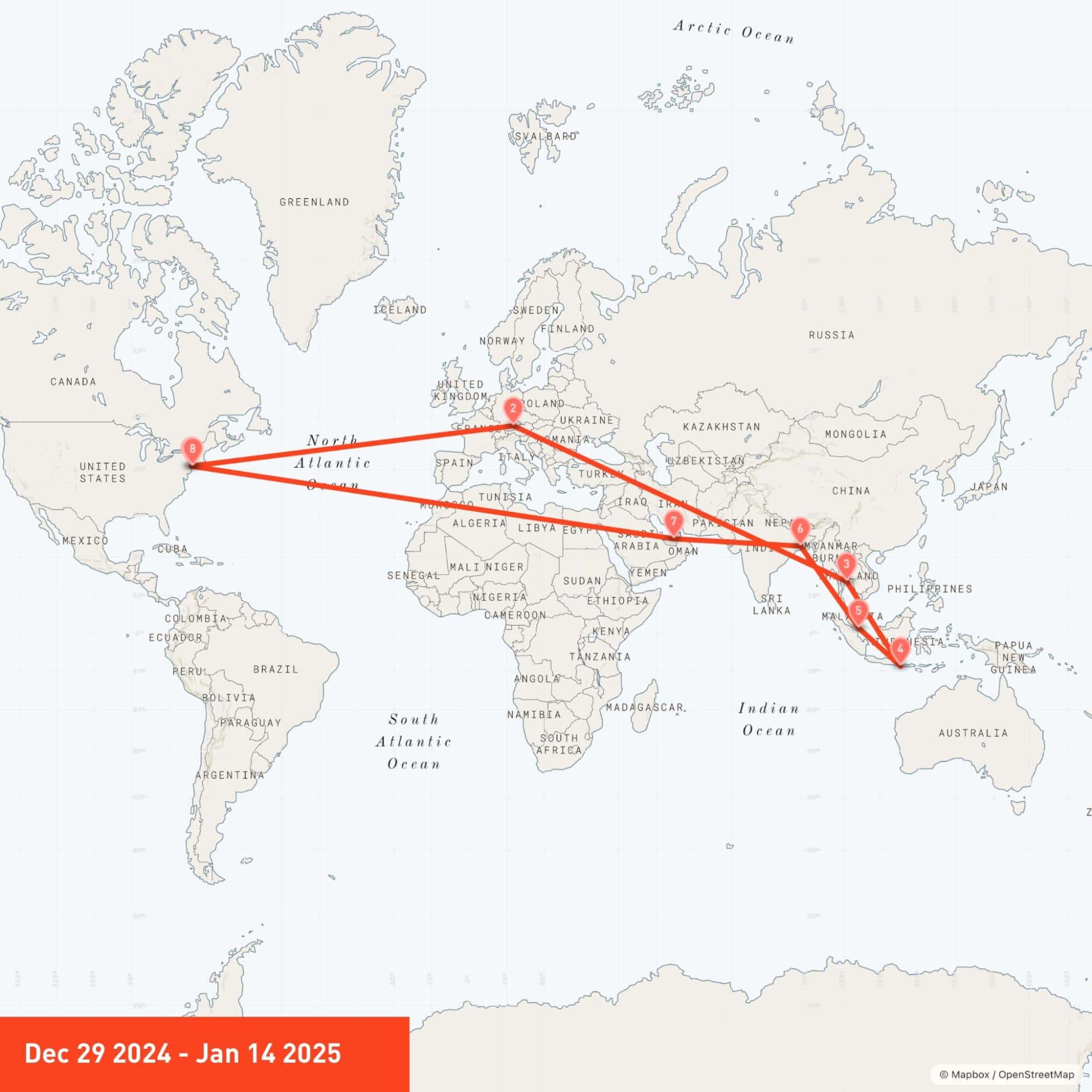 World map showing a round-the-world flight route with marked stops from December 2024 to January 2025.
