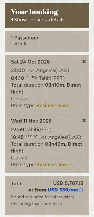 LAX to PPT cash rate on Air Tahiti Nui