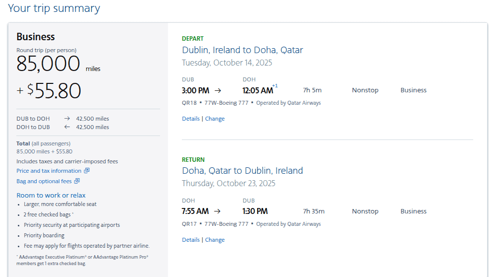 American Airlines award booking summary for Qatar Airways business class Dublin to Doha.