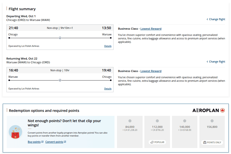 Aeroplan flight summary showing Chicago–Warsaw round-trip LOT Polish Airlines business class reward options with required points displayed.