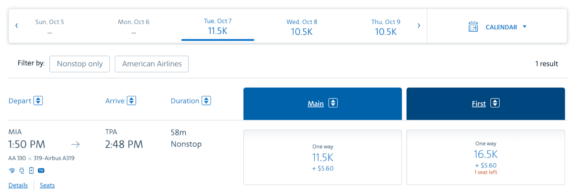 American Airlines award chart showing 11.5K miles plus $5.60 for a one-way Miami (MIA) to Tampa (TPA) nonstop flight on October 7, 2025, with first class available for 16.5K miles.