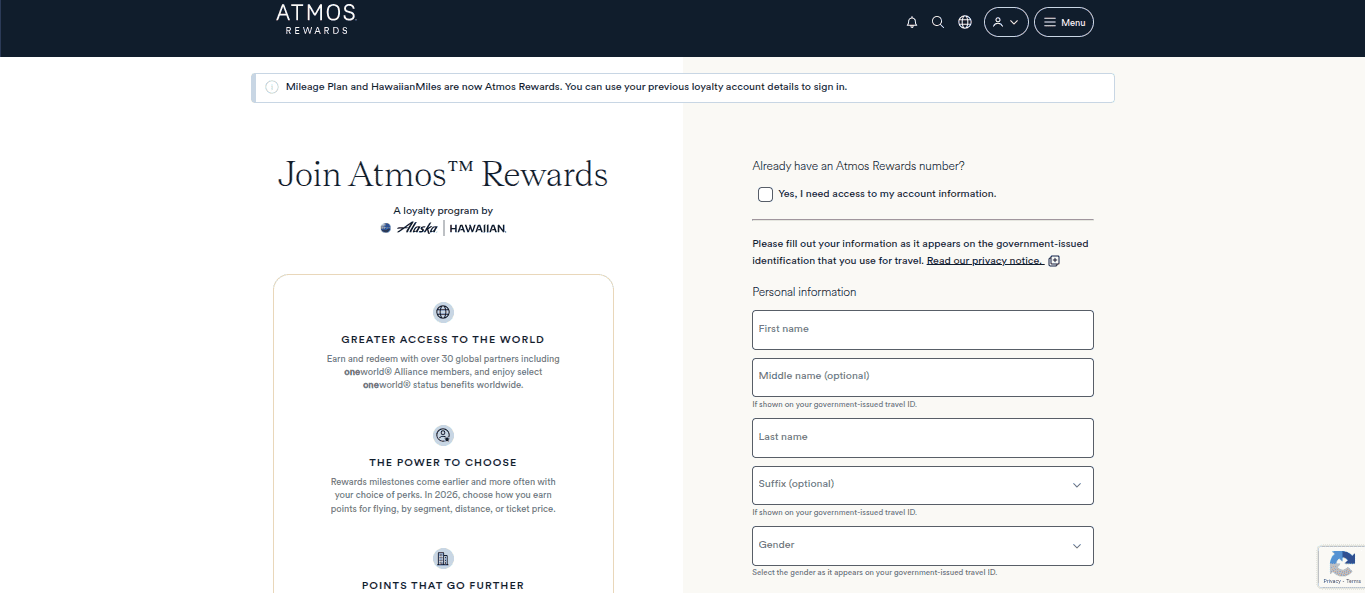 Atmos Rewards enrollment page for creating a new loyalty account for Alaska Airlines and Hawaiian Airlines.