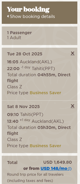 Auckland to Tahiti cash