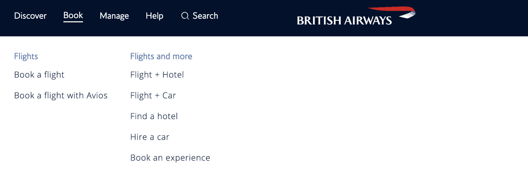 British Airways booking menu showing options to book flights, book with Avios, and packages like flight plus hotel or car.