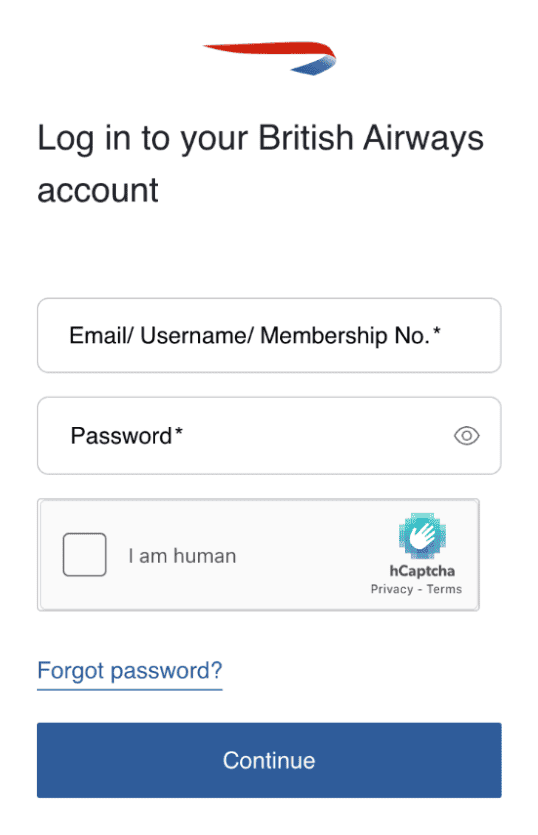 British Airways login screen requiring email, membership number, password, and captcha verification.